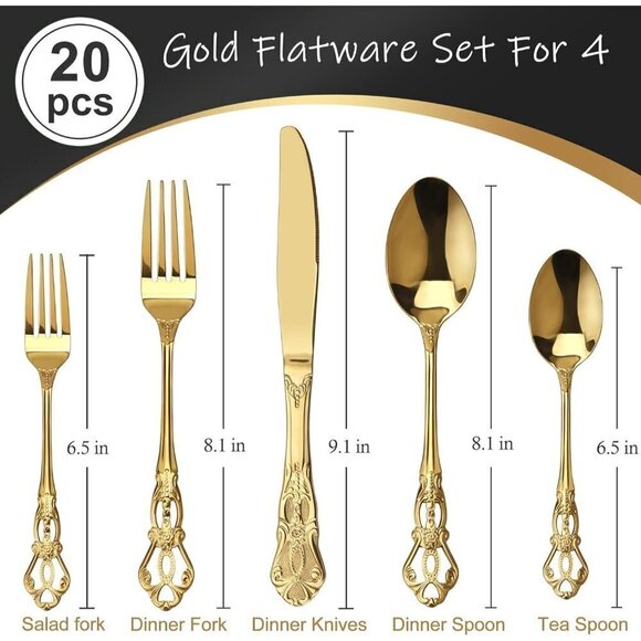 Golden Anti-Rust Stainless Steel 20 Pieces Flatware Set include Fork Spoon Knife - Picture 3 of 7